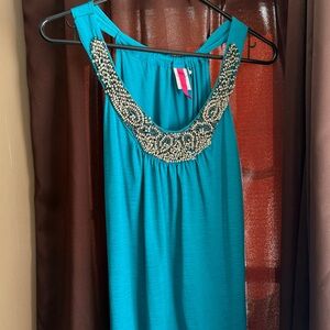 Teal Sleeveless shirt with Embellished Neckline
